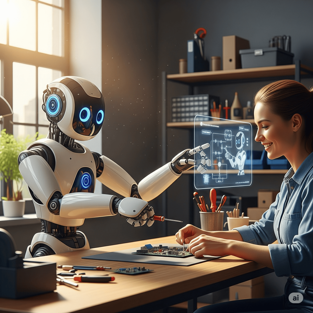 A friendly, white robot assists a smiling woman who is working on a circuit board in a sunlit workshop, highlighting positive human-AI collaboration.