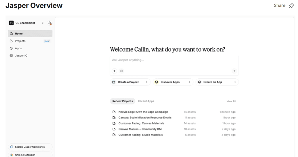 Screenshot of Jasper AI content creation tool