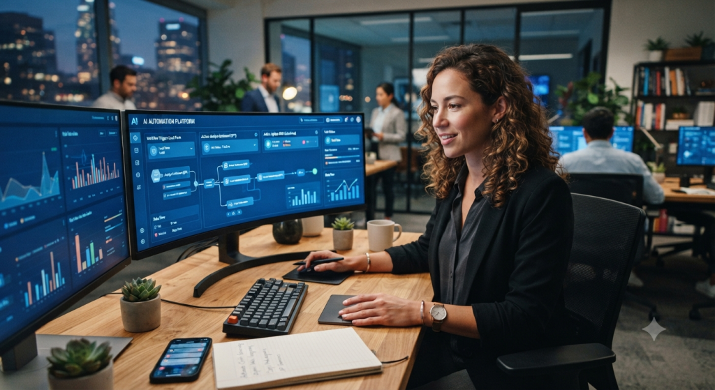 Entrepreneur using AI automation to manage business tasks
