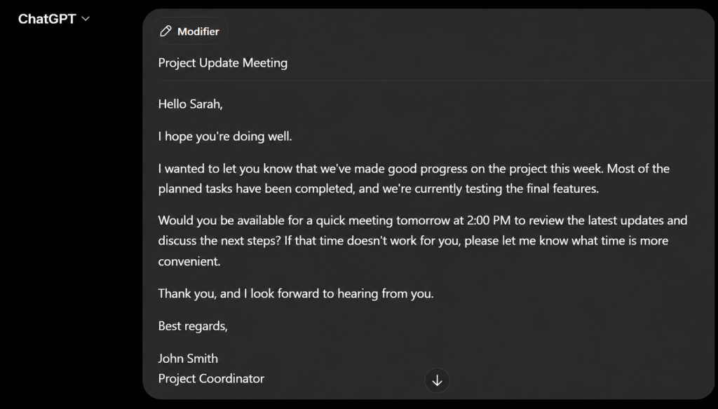 ChatGPT helping write professional emails