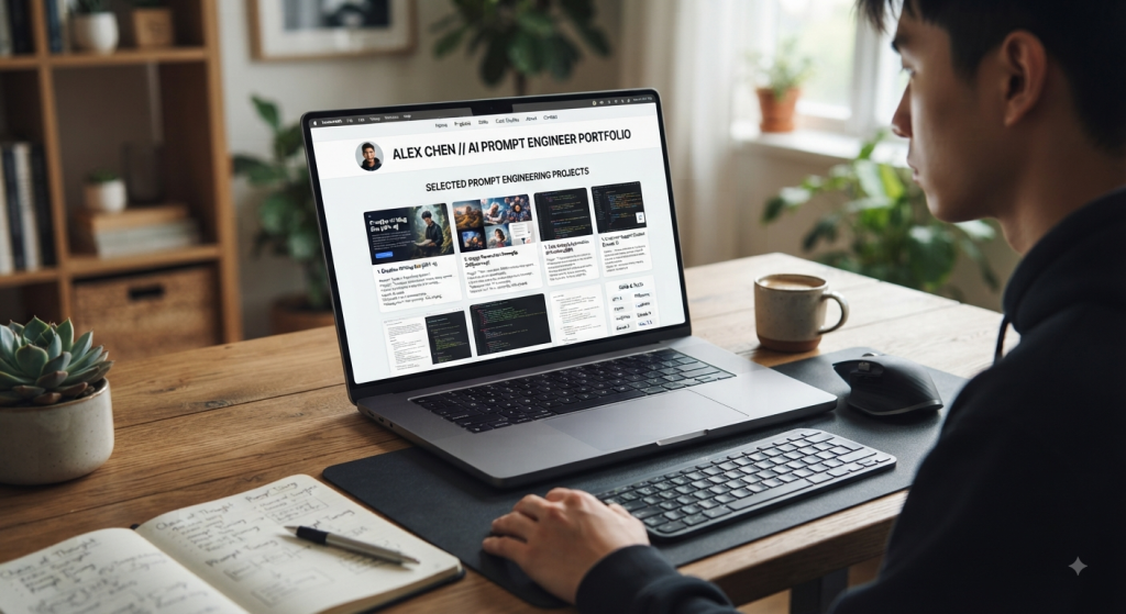 AI prompt engineering portfolio displayed on a laptop